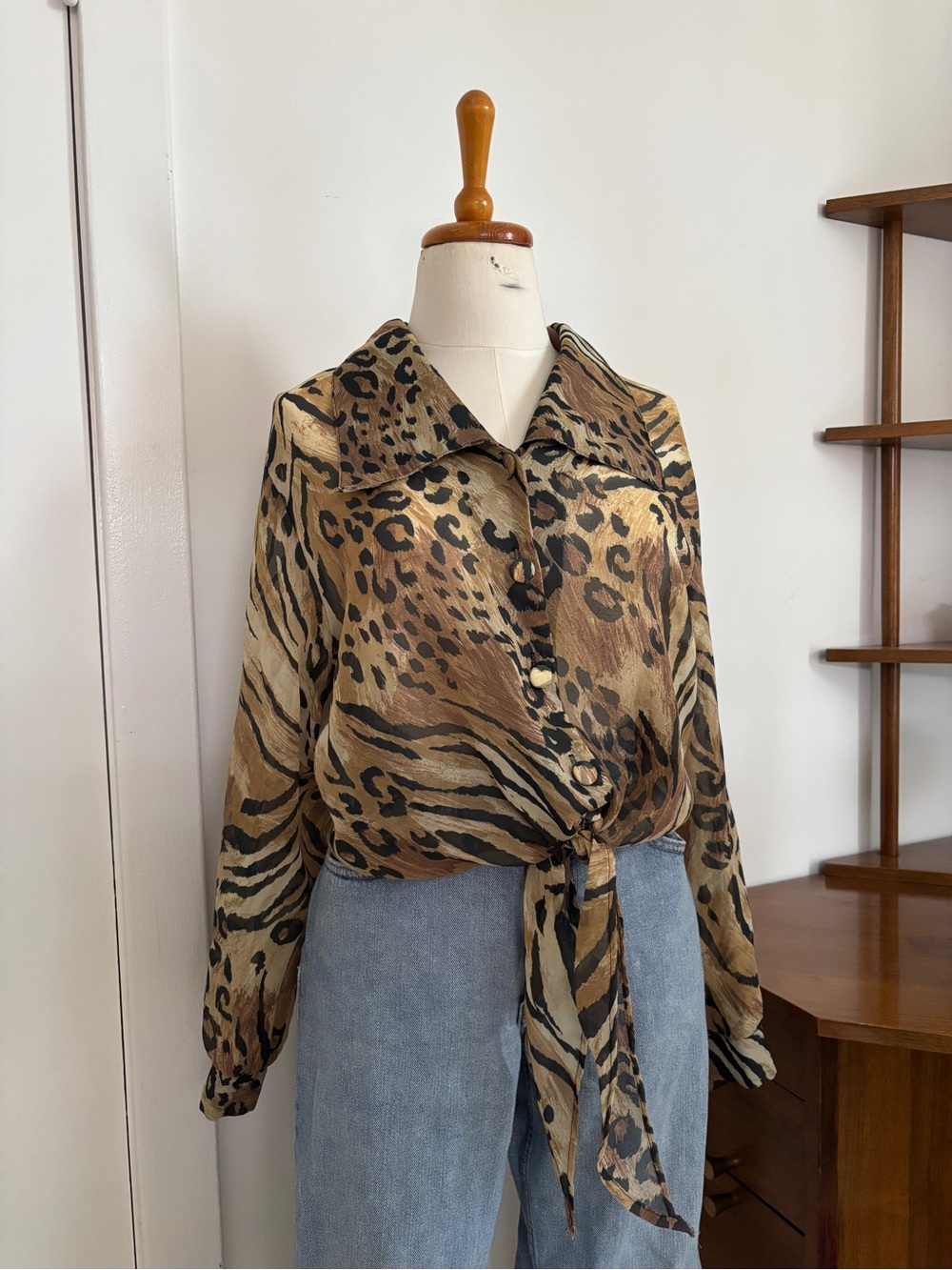 Vintage Diana Marco Chiffon Animal Print Tie-Front Blouse